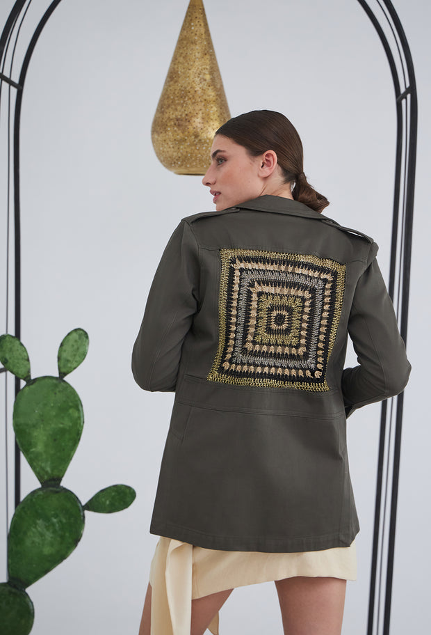 Lurex Square Crochet Safari Jacket Khaki