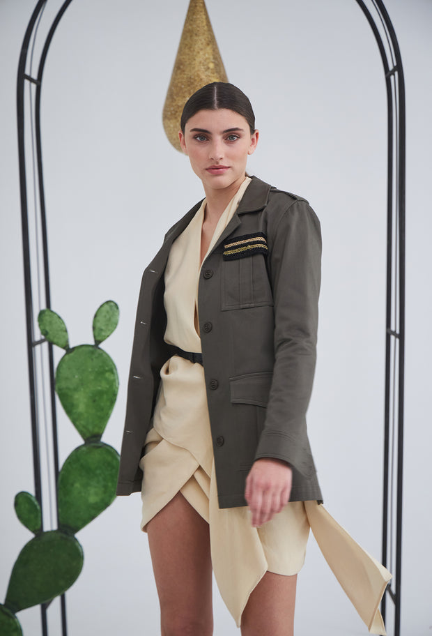 Lurex Square Crochet Safari Jacket Khaki